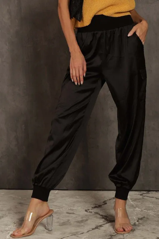 Black Satin Cargo Pants