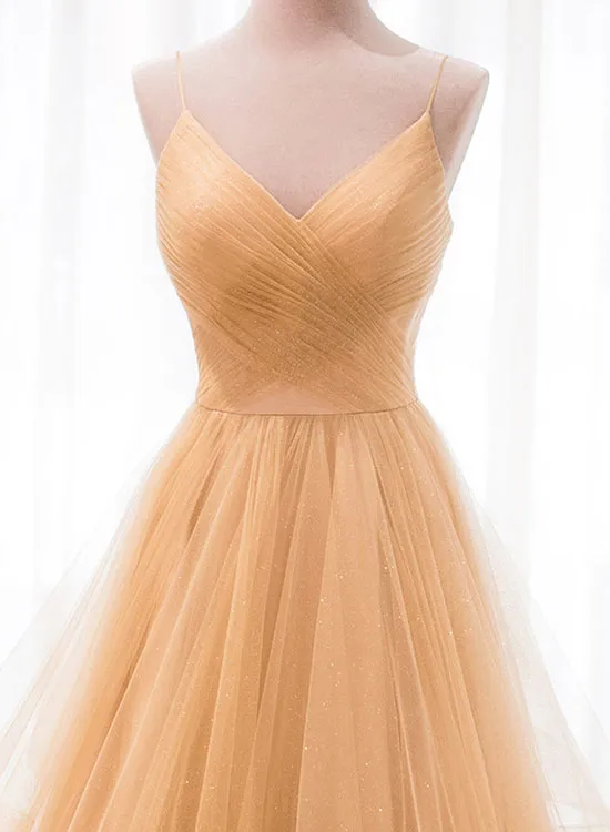 Champagne Spaghetti Strap V-Neck Tulle Long Prom Dress, A-Line Backless Evening Party Dress
