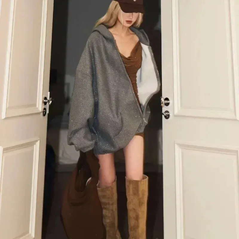 Chic Oversized Vintage Shiny Zip Coat Hoodie