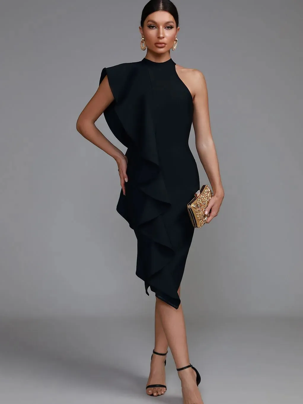 Elegant Black Ruffle Midi Bodycon Dress
