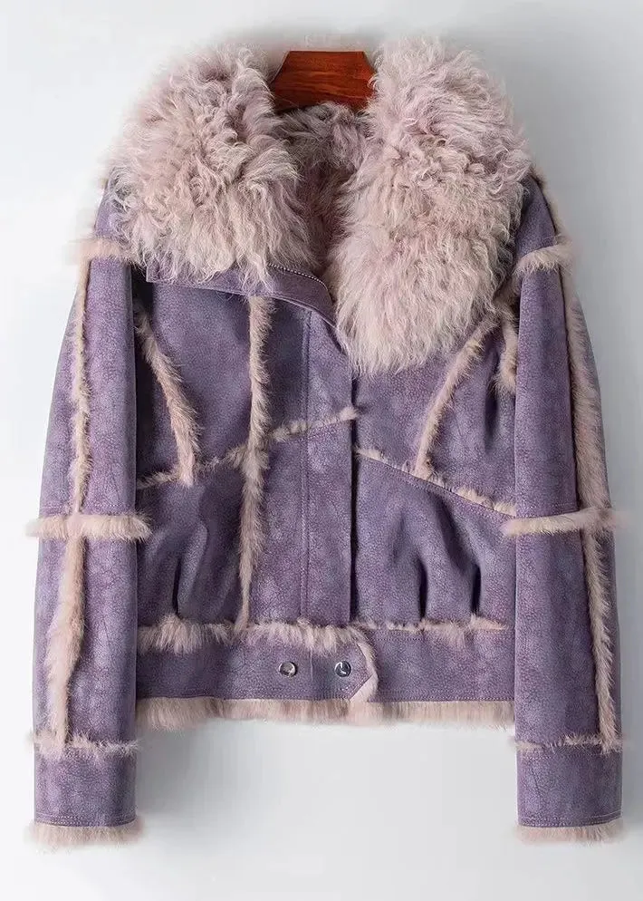 Fashion Dark Grey Rabbit Hair Collar Zippered Patchwork Leather And Fur Coat Winter ML1188