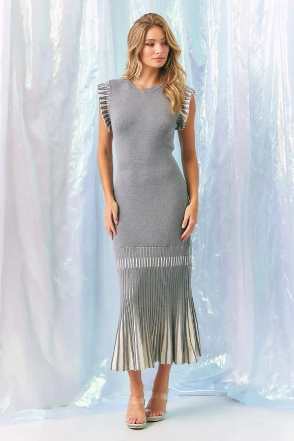Knit Midi Dress with Contrast Pleated Skirt