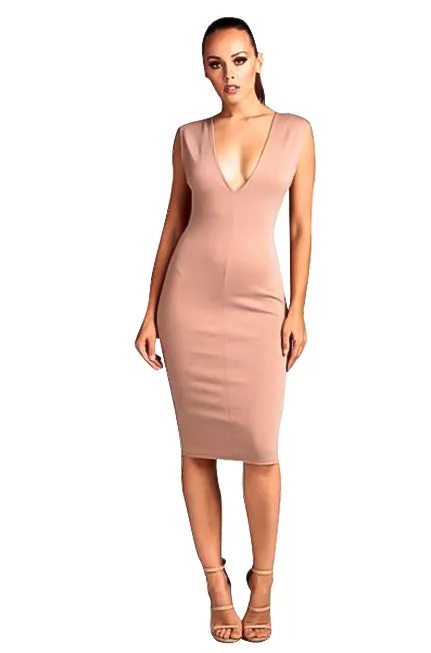Nude-Taupe Open Back Bodycon Midi Dress