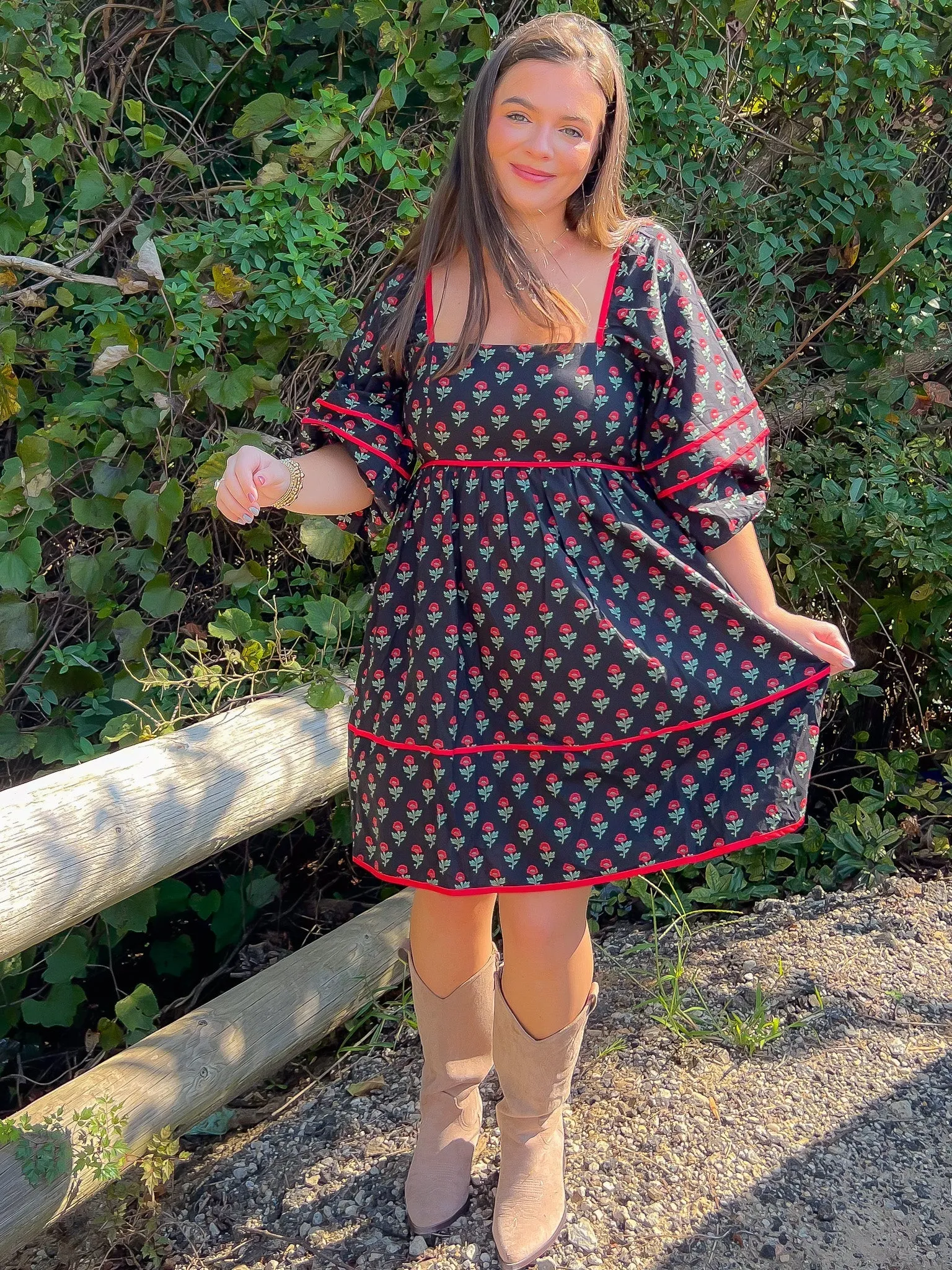 Red Riding Black Rose Print Babydoll Dress
