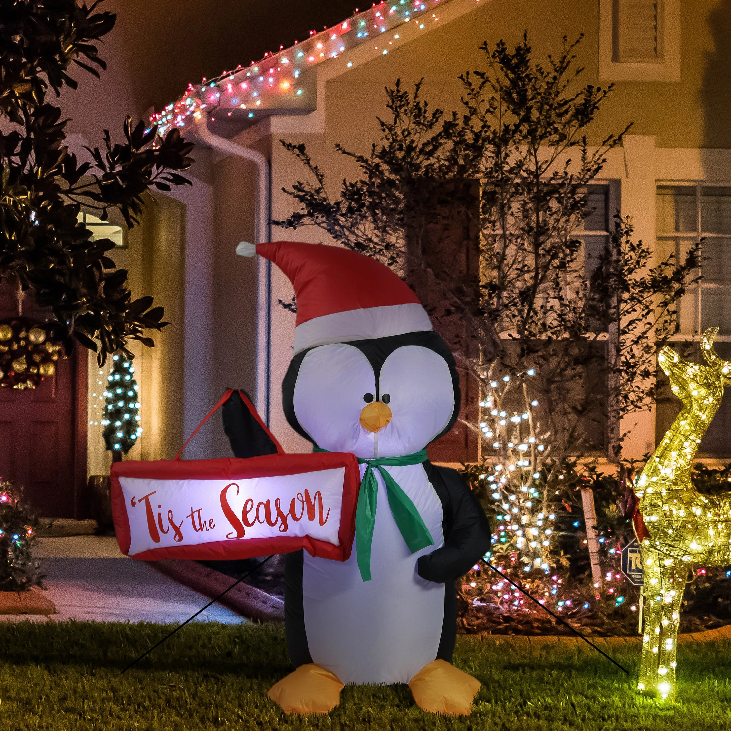 Sunnydaze Inflatable Christmas Decoration - 46.5" Jolly Holiday Penguin