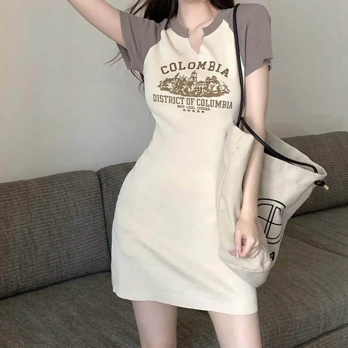V-Neck Short-Sleeved Color Block Slim Fit Dress